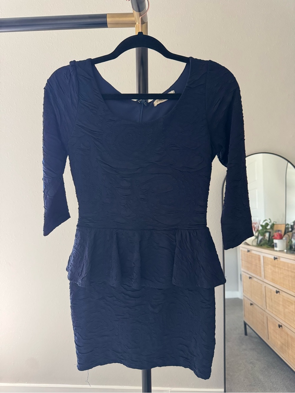 Arden B Navy Textured Peplum Midi Dress